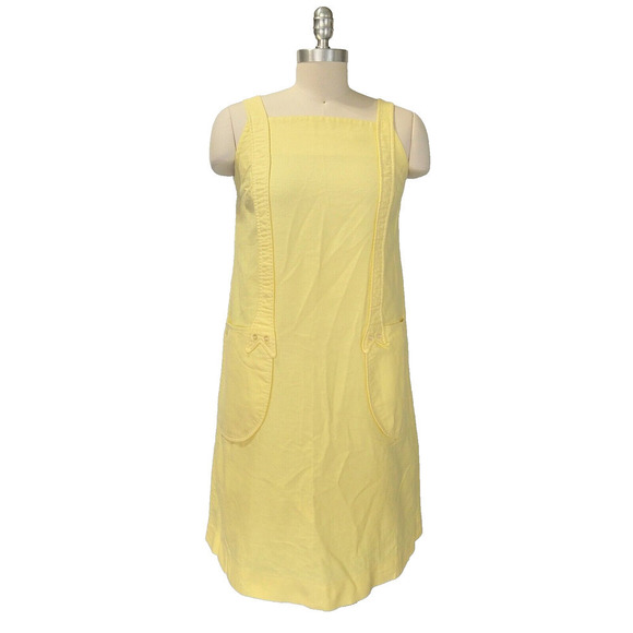 Vintage 60s Yellow Shift Dress Size S Page Boy Sleeveless Smock Pockets Buttons - Picture 2 of 13